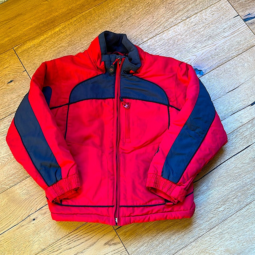 Snow dragon, red ski jacket, size 7